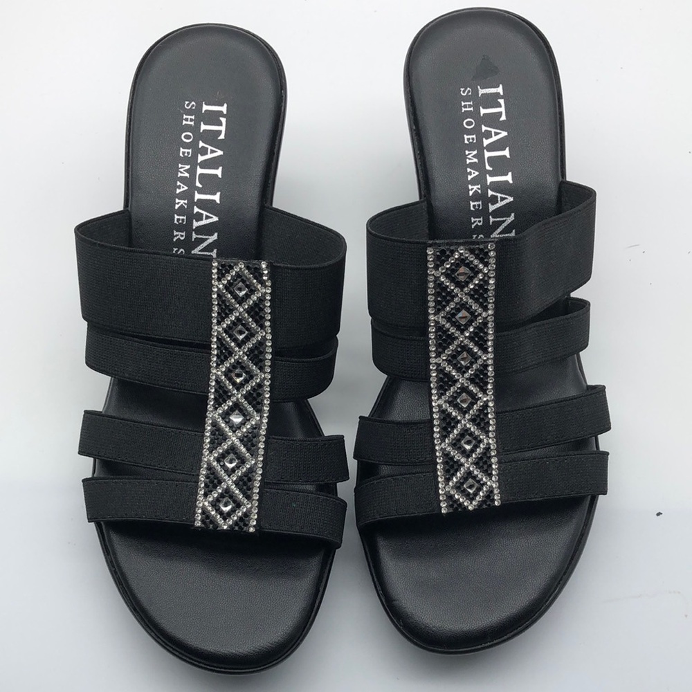 Italian Shoemakers Black Slide Sandals with Decorative Straps